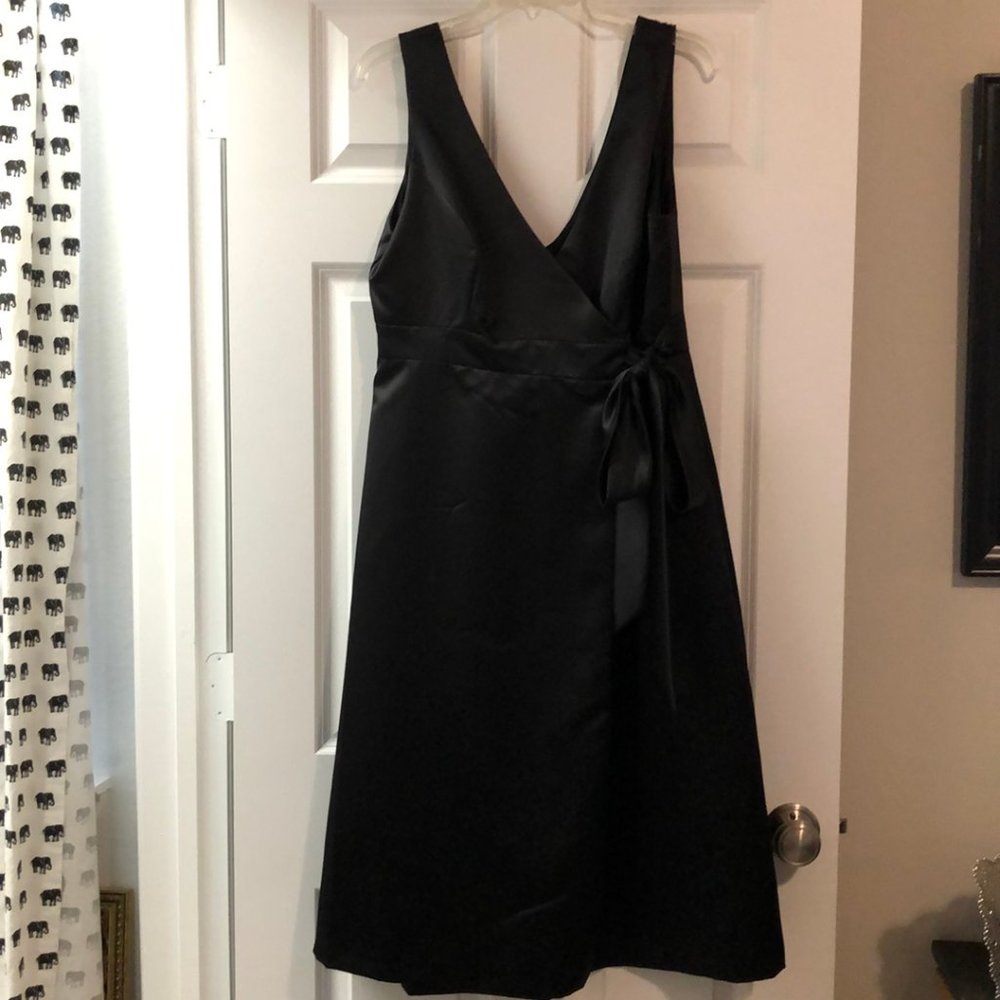 Dessy black tea length satin bridesmaid dress size 14 new with tags